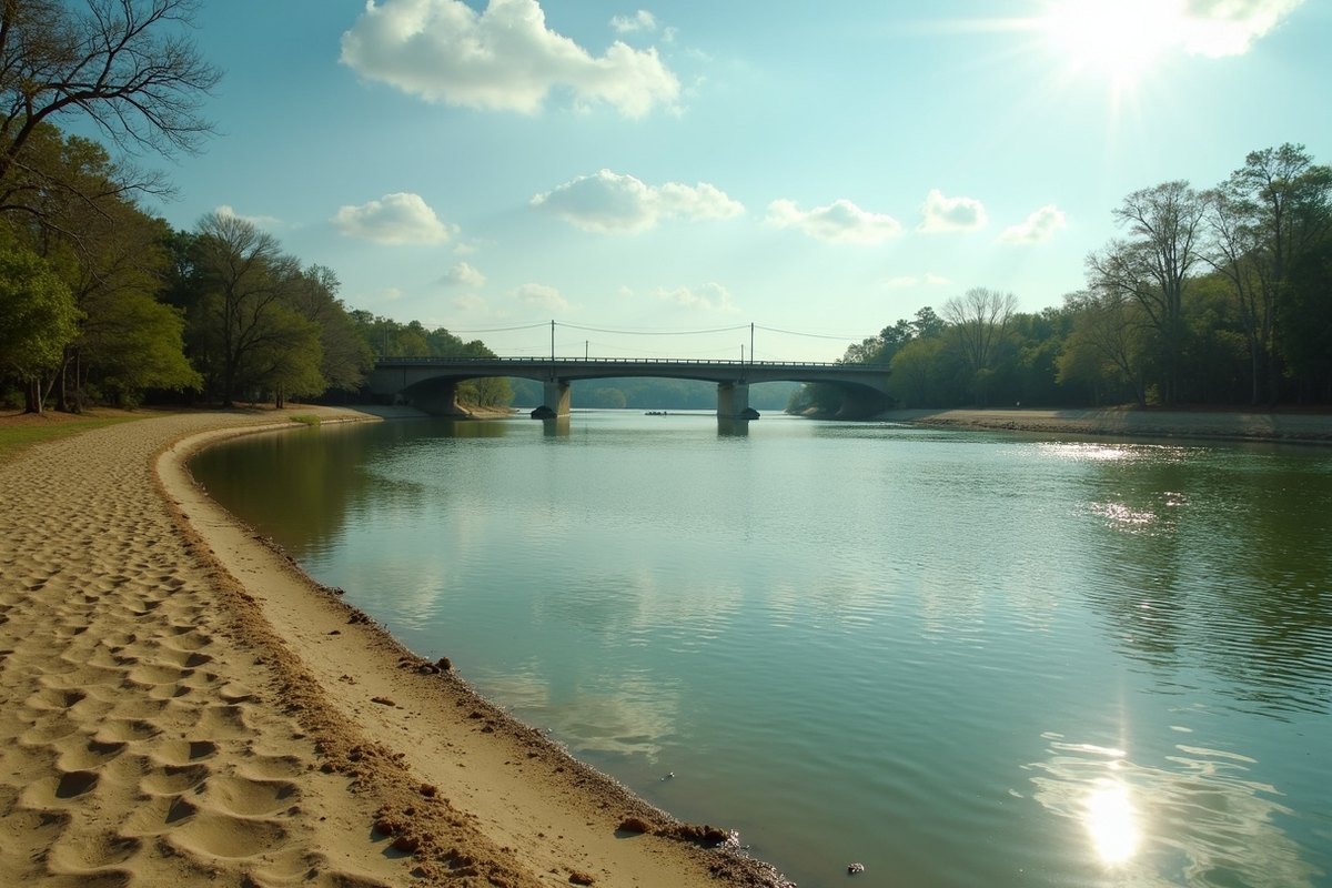 The West Fork of the San Jacinto River near Humble with sandy banks and tall pines on a bright day