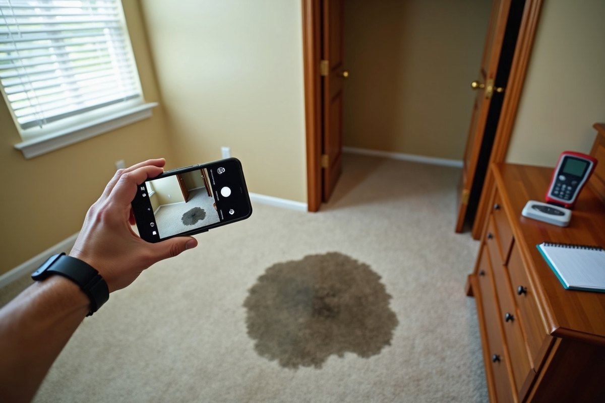 Wet carpet in a Houston bedroom being photographed with a phone held at arm length, with a moisture meter and a notepad on a dry dresser
