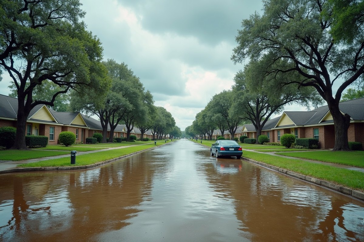 Houston suburban street with brown floodwater covering the road and reaching front lawns of slab homes after a storm