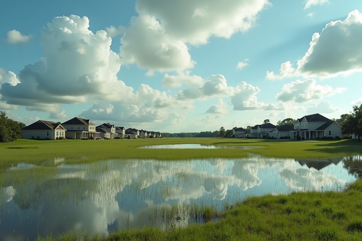 Wide grassy floodplain of a west Houston reservoir holding shallow rainwater, with rooftops of two-story homes along the far edge