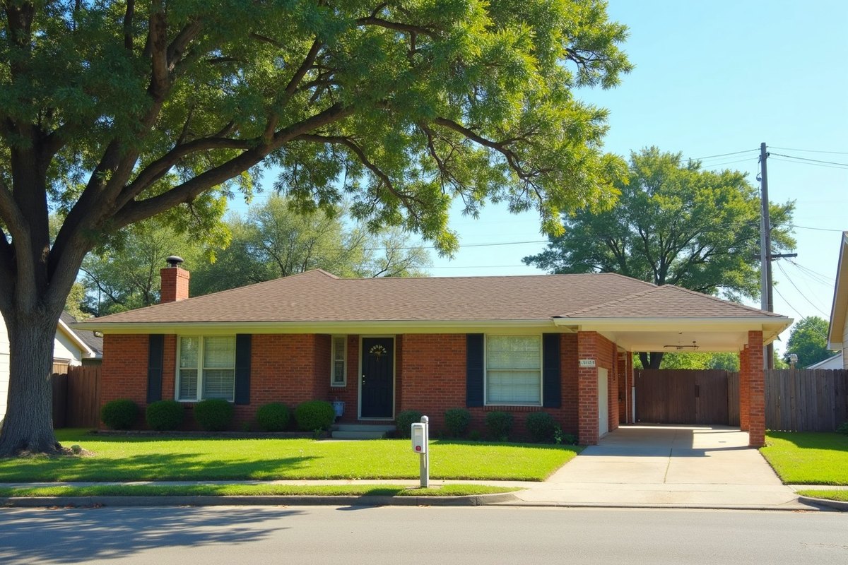 Single-story brick ranch home with a carport on a quiet tree-lined street near Old Town Katy on a bright day