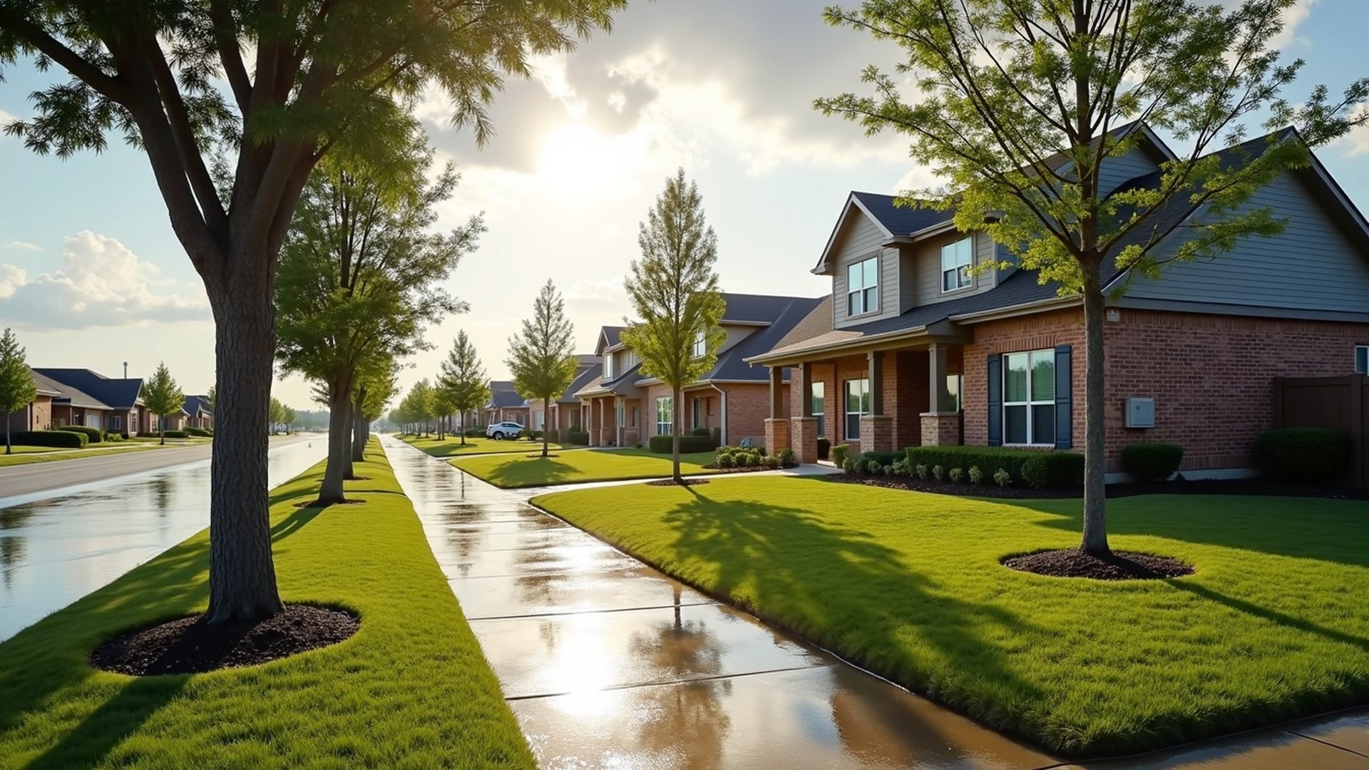 Two-story brick and stone home in a Katy master-planned neighborhood after heavy rain, with a wet lawn and water pooled along the curb