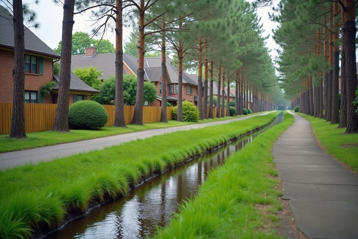 A grassy drainage channel running through a pine greenbelt behind brick homes in Kingwood after rain