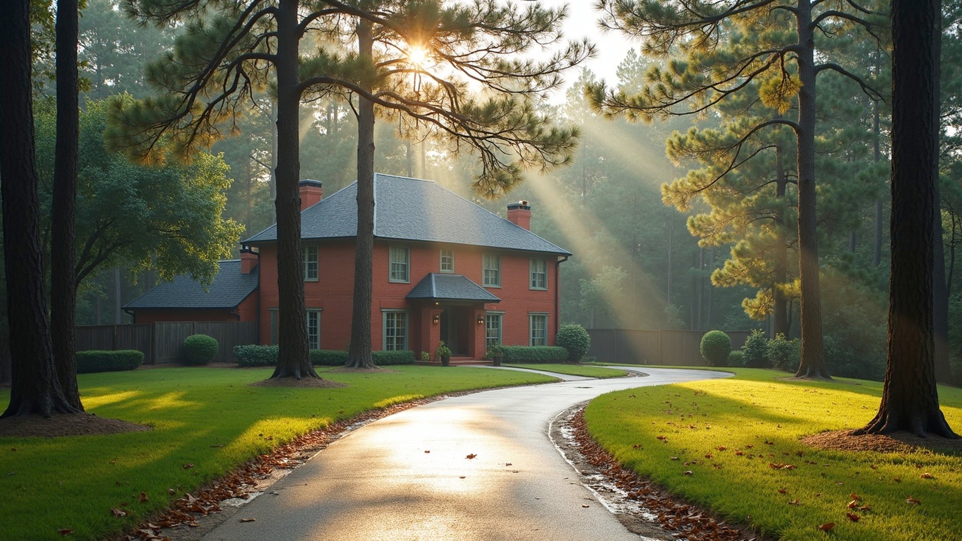 Two-story brick home under tall pine trees on a wooded Kingwood street after heavy rain, with a wet driveway and leaves in the gutter