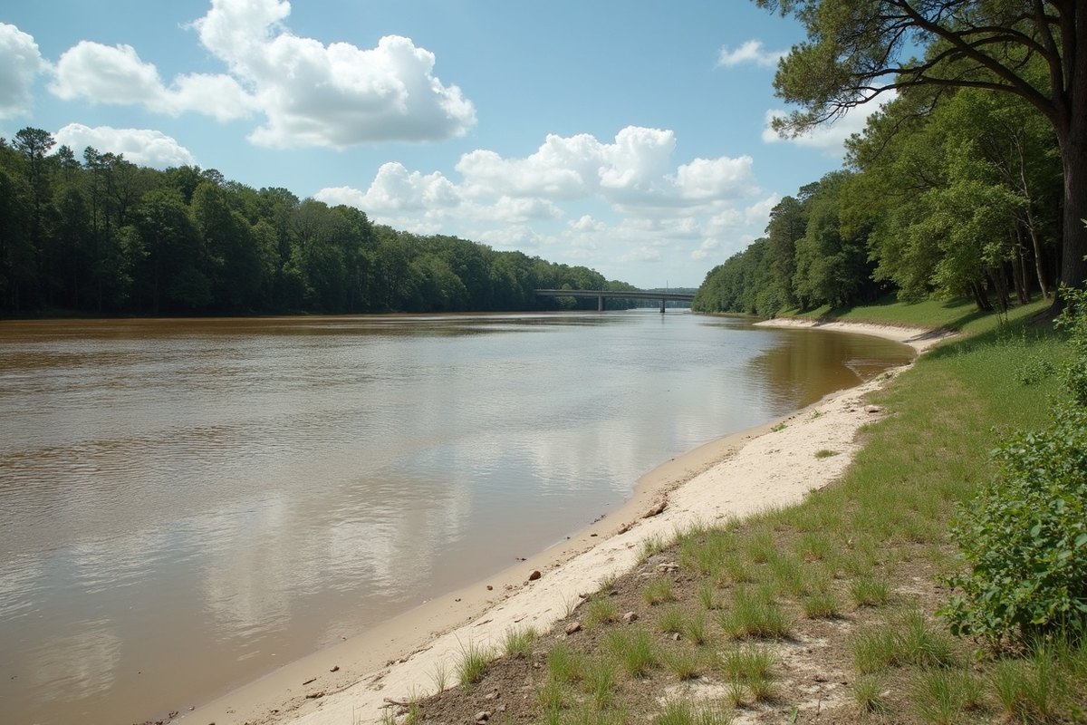 The wide West Fork of the San Jacinto River running high and brown past sandy banks and pine woods near Kingwood