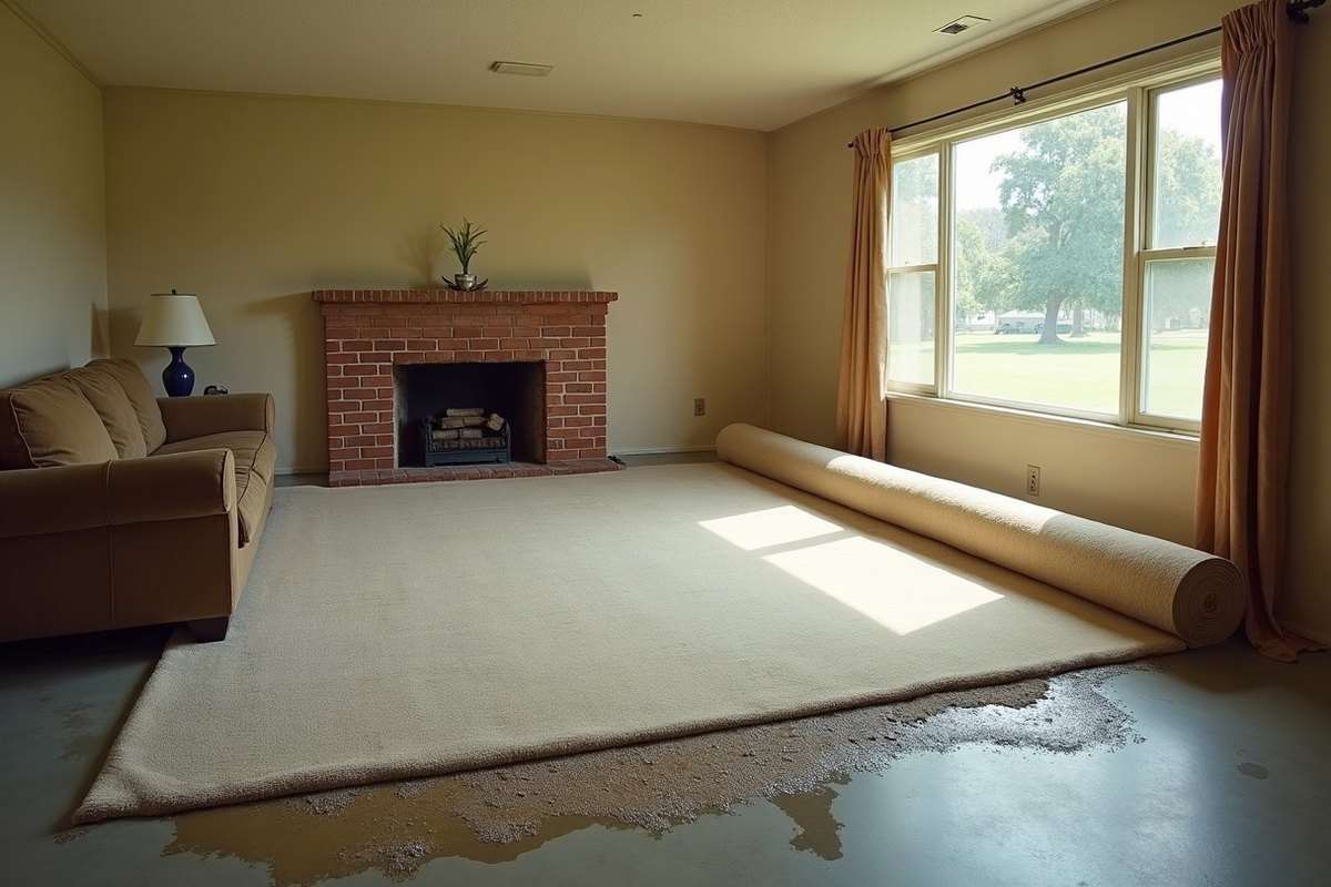 Living room of a La Porte brick ranch home with damp carpet rolled back from a wet wall and furniture moved to the dry side