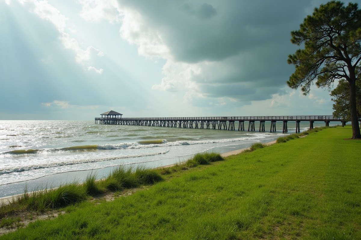 Grassy waterfront park on Galveston Bay in La Porte with a wooden pier reaching into choppy gray water under a clearing sky