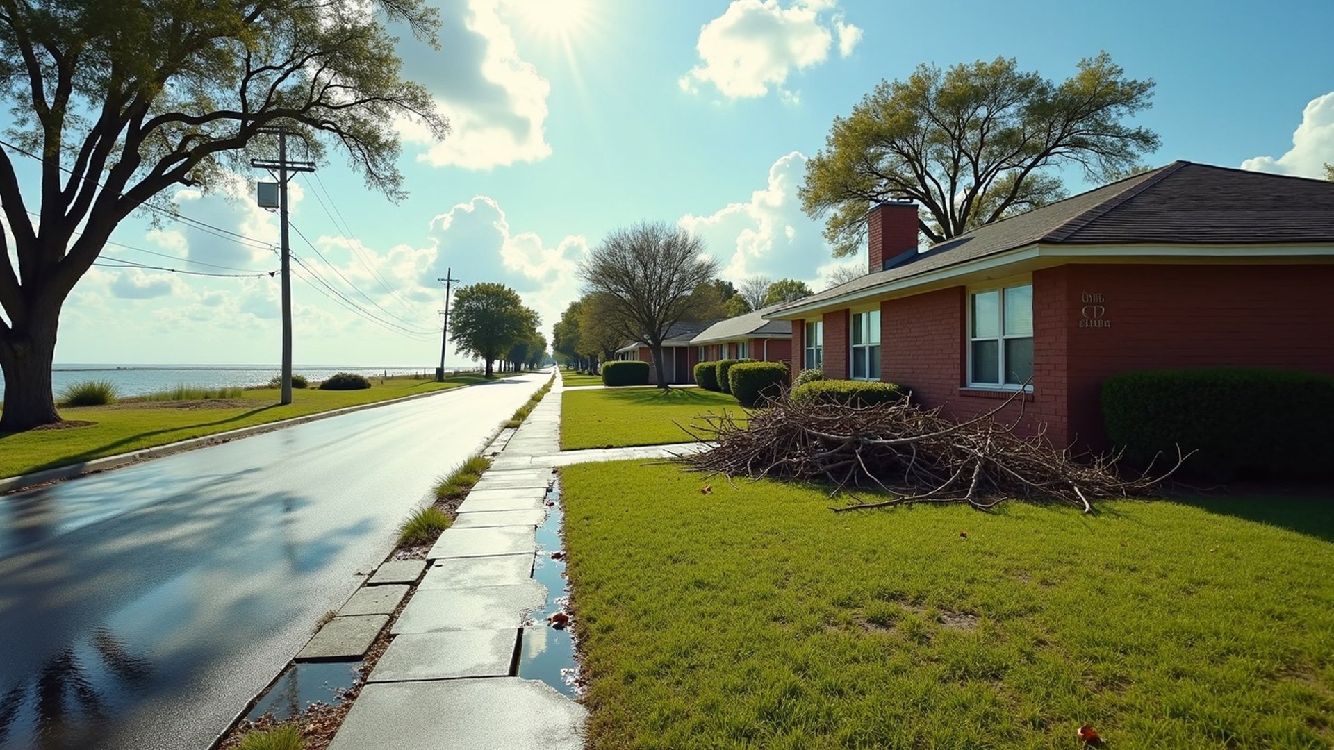 Single-story brick home in La Porte near Galveston Bay after a storm, with fallen branches in the yard and a wet street