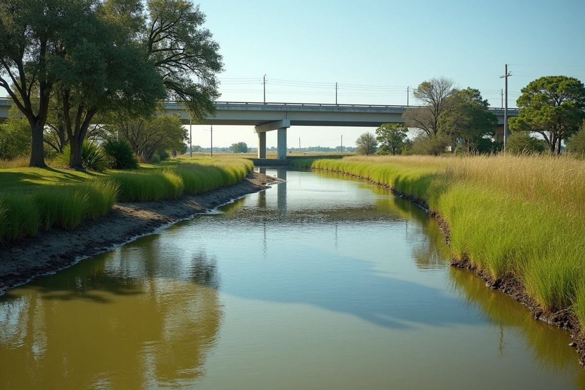 Clear Creek with tree-lined banks near League City under a bright sky, water slightly high after rain
