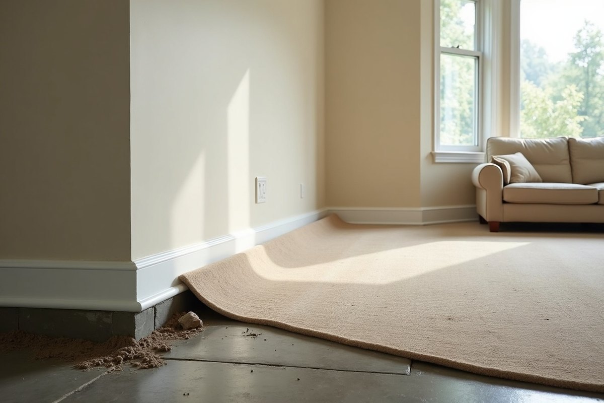 Living room in a League City home with carpet pulled back and baseboards removed while the room dries