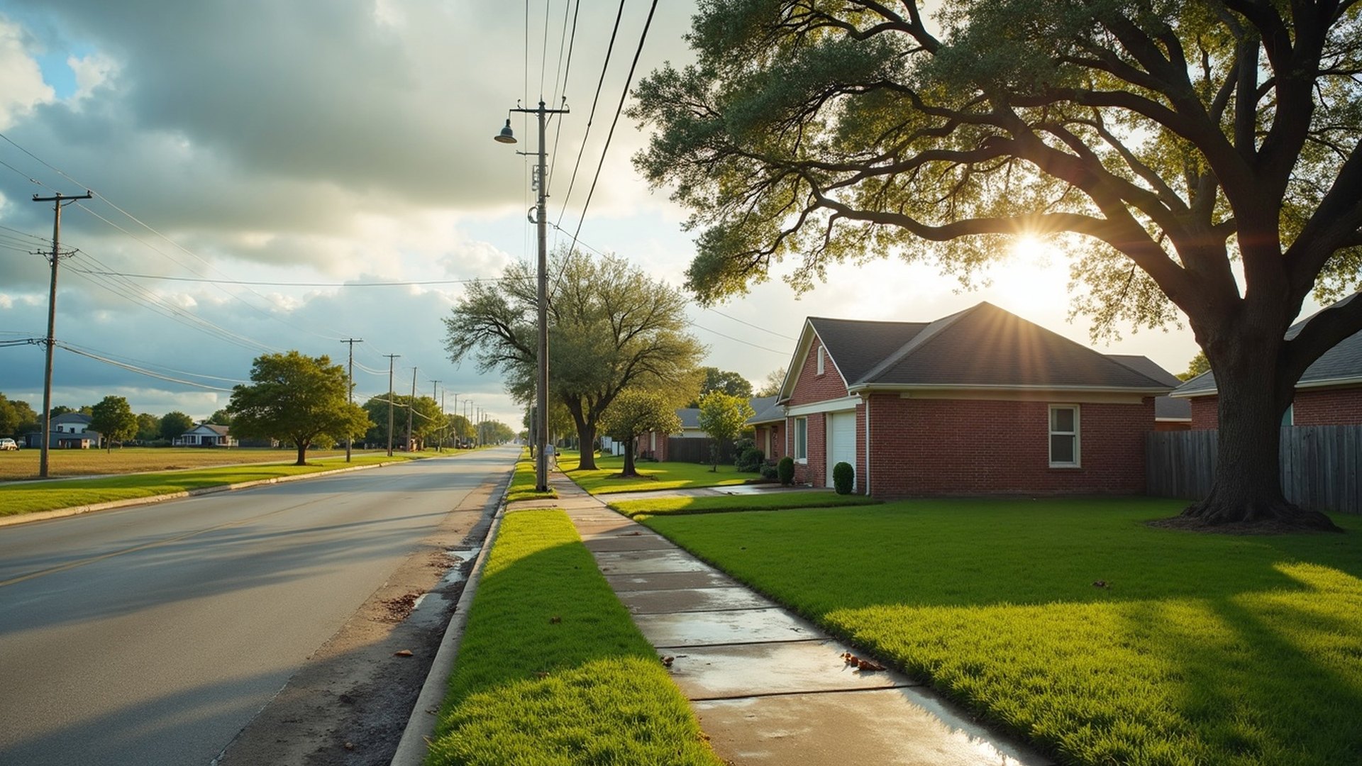 Single-story brick homes on a League City street under a clearing sky after a tropical storm, with branches and puddles along the curb