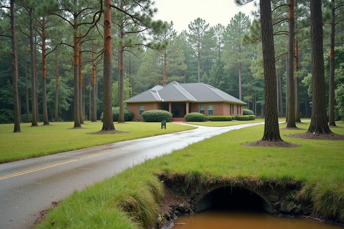 A brick home set back among tall pines on a Magnolia area lot, with a grassy ditch along the road full of rainwater
