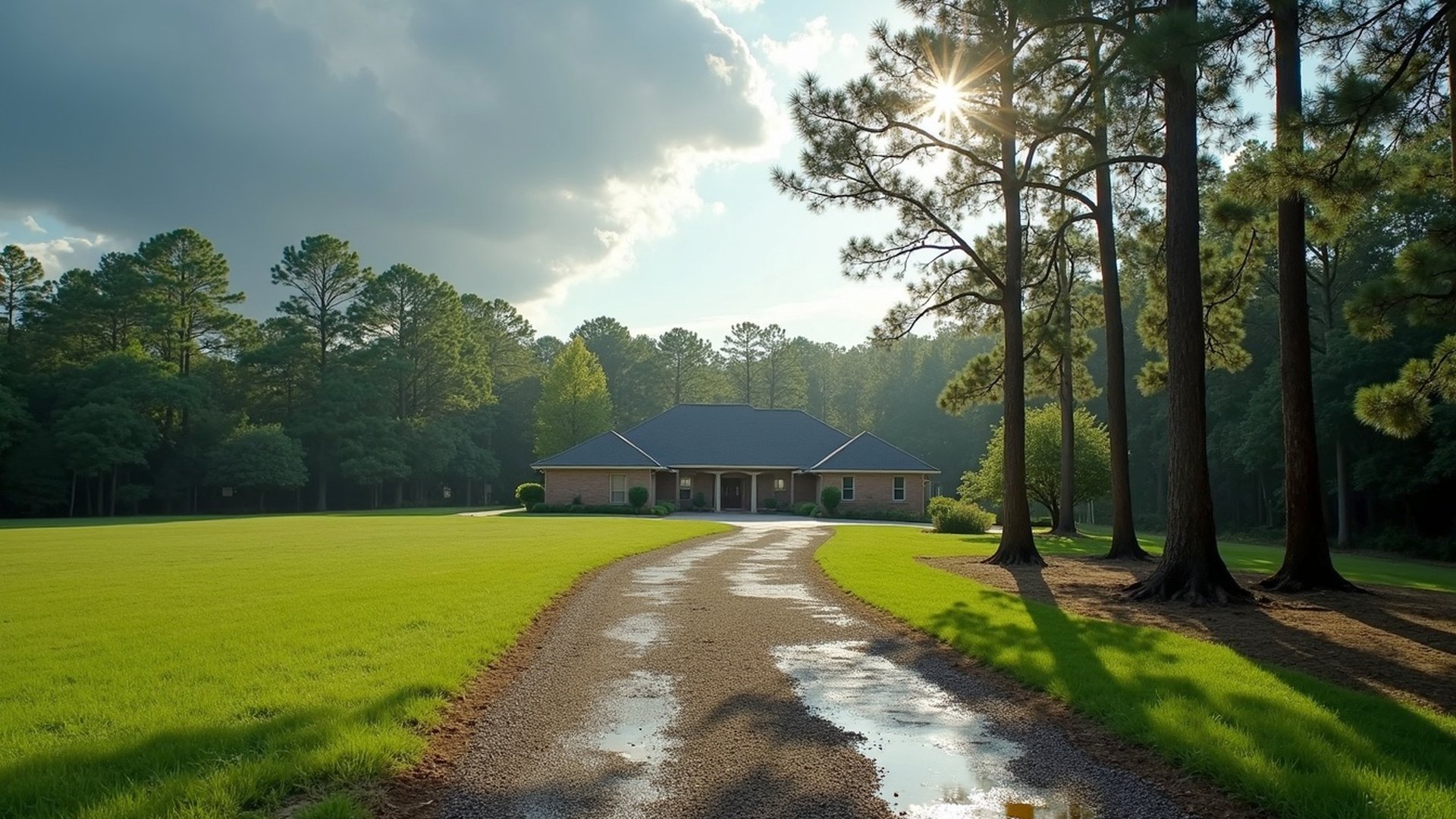 Single-story home on a wooded lot in the Magnolia, Texas area with tall pines and a wet lawn after a storm