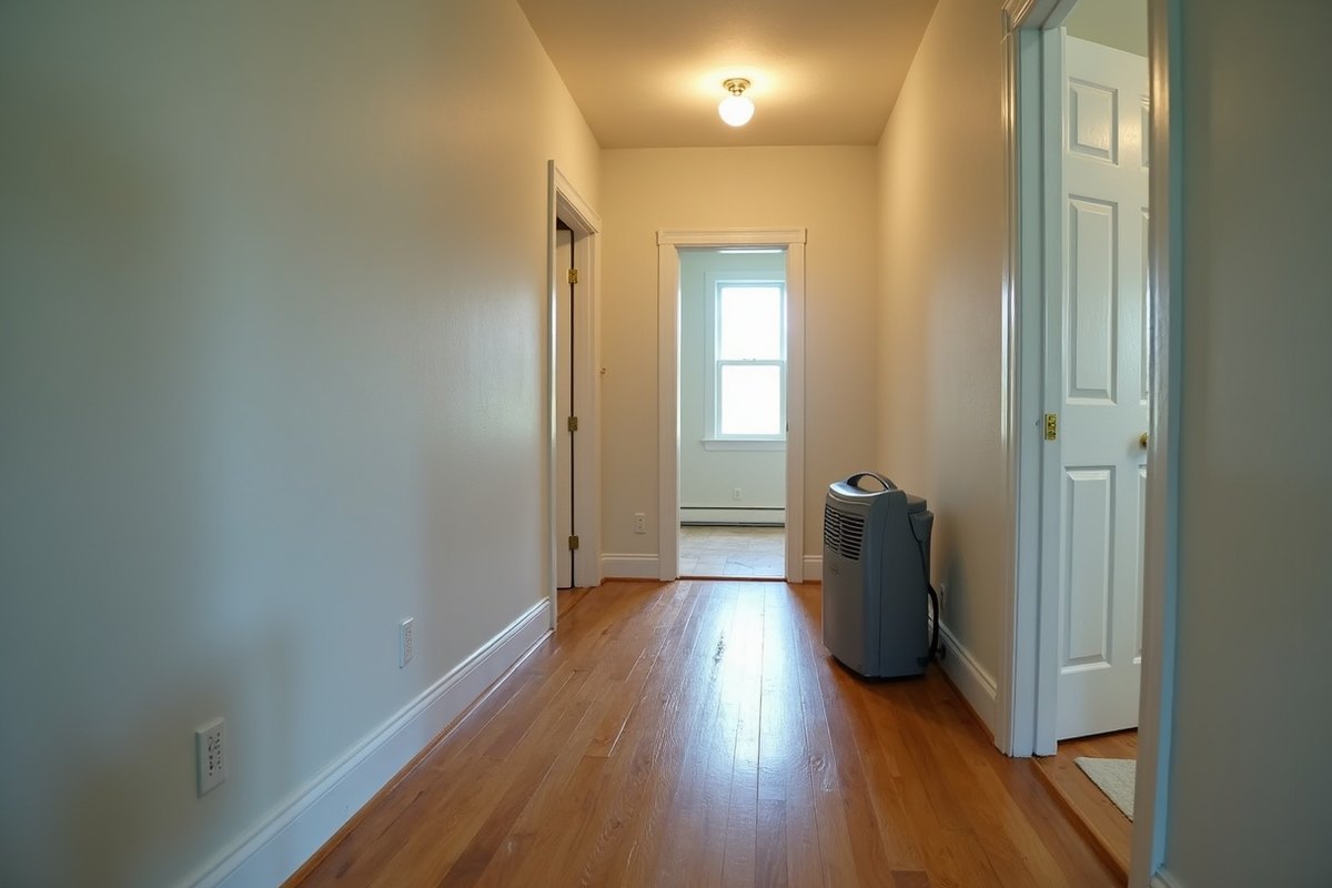 A hallway in a Magnolia area home with wet vinyl plank flooring and a dehumidifier running after a backup