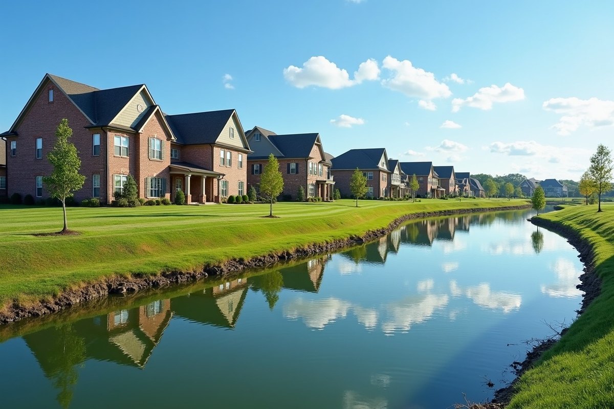 A grassy levee and a calm detention lake behind two-story homes in a Missouri City neighborhood