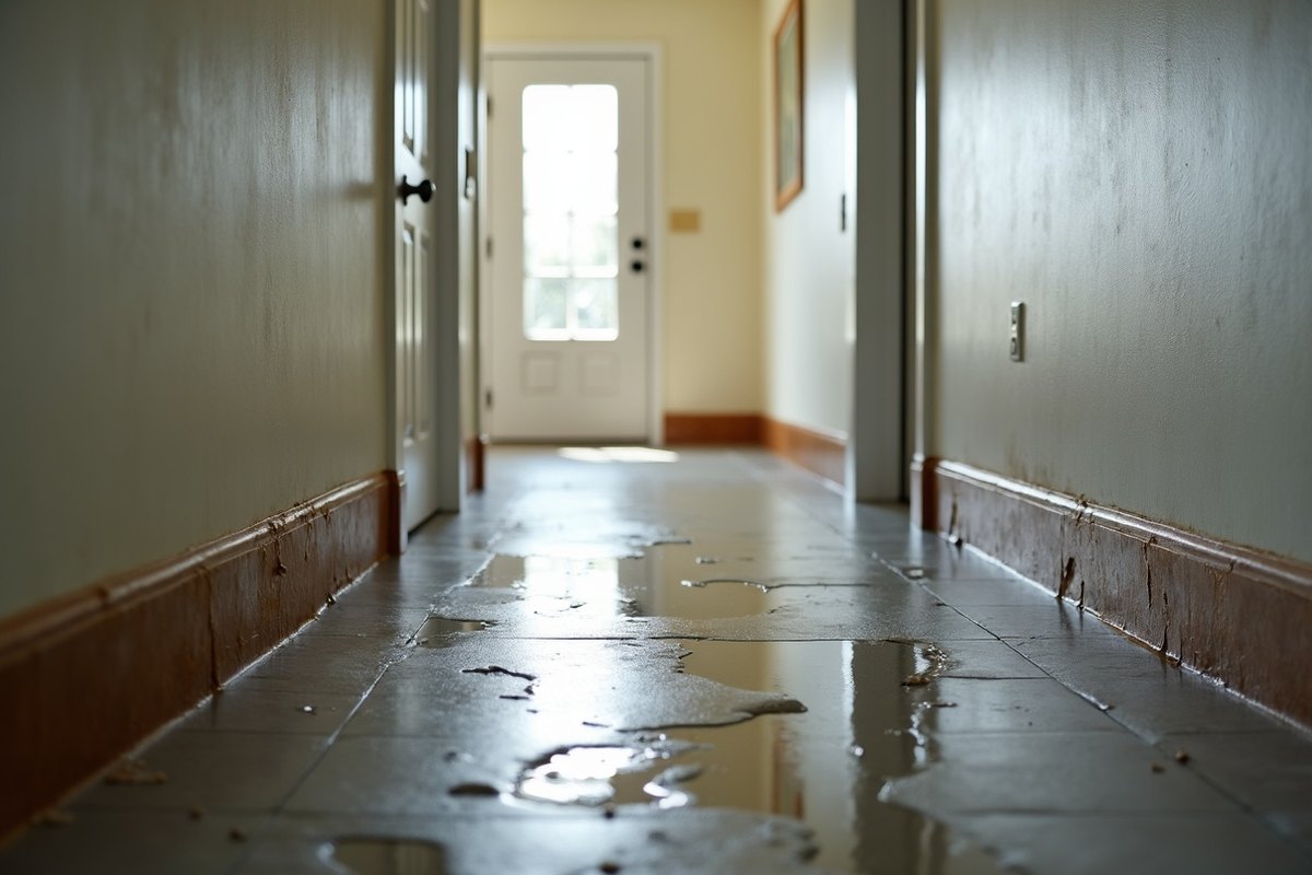 Hallway in a Missouri City slab home with wet laminate flooring and a dark water line at the bottom of the drywall