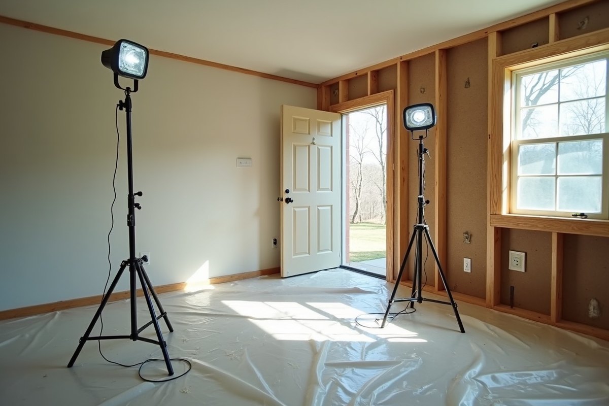 A cleaned-out room in a Houston home with bare studs, fresh plastic sheeting on the floor and bright work lights, ready for a clearance check