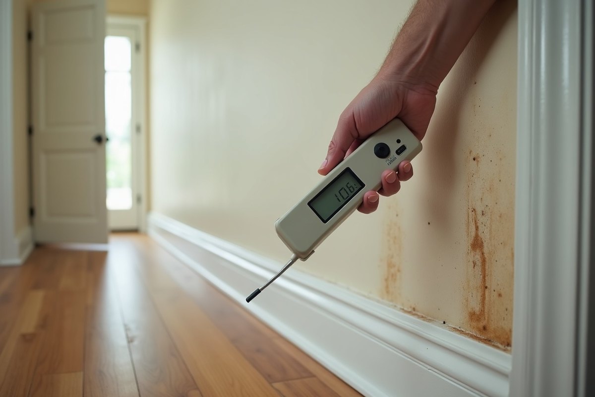 A handheld moisture meter pressed against a baseboard below a water-stained wall in a Houston home