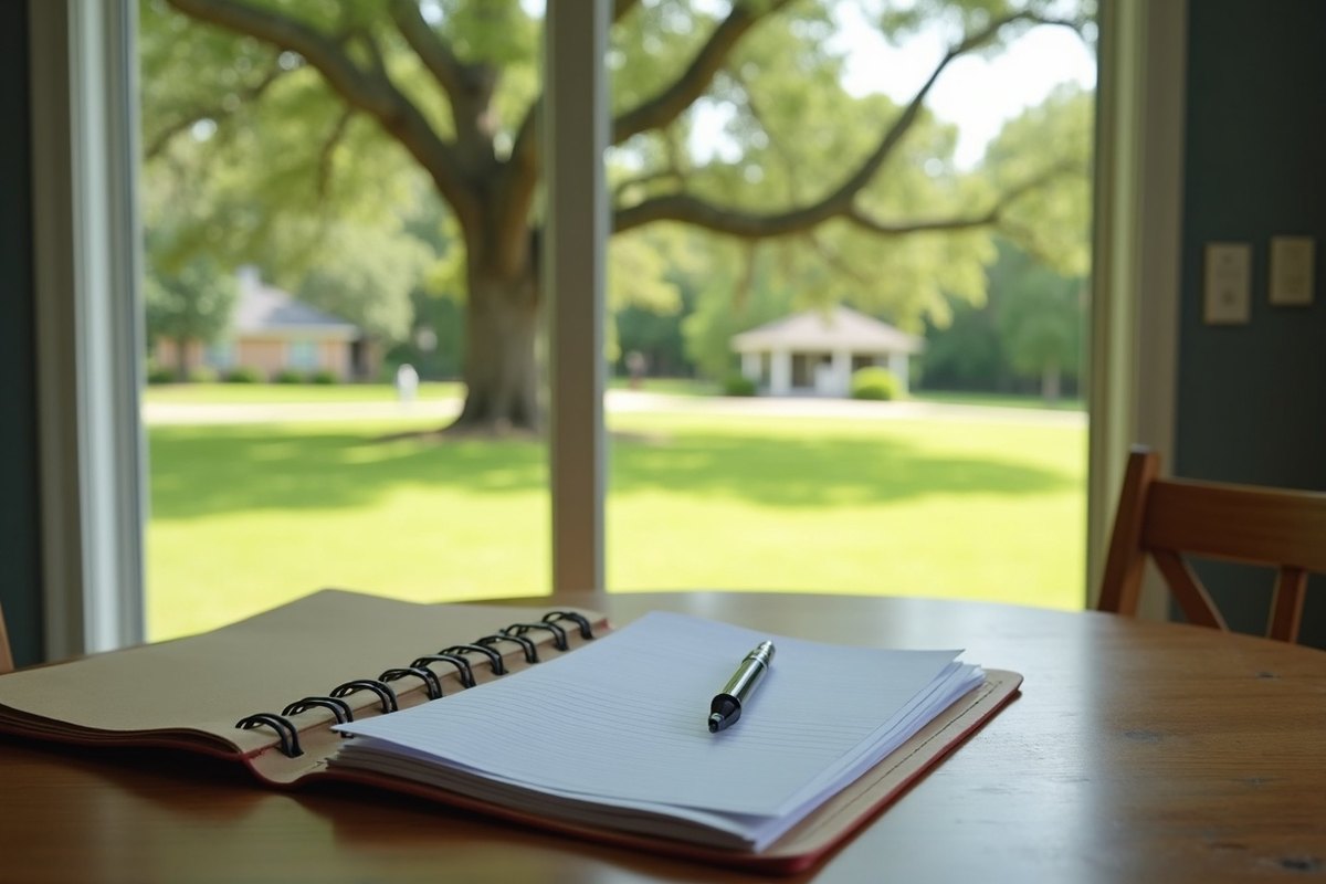 A notebook and pen on a kitchen table in a bright Houston home, with a window looking out to a green yard and a live oak