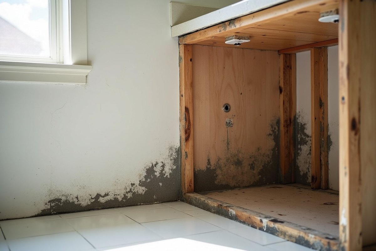 Lower section of drywall removed under a bathroom sink in a Houston home, showing dark mold on the back of the remaining board and the bare studs