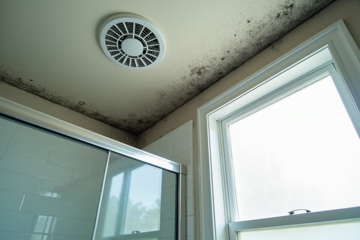 Gray mold speckles spreading across a bathroom ceiling near an exhaust fan in a Houston home, with a shower and tile below