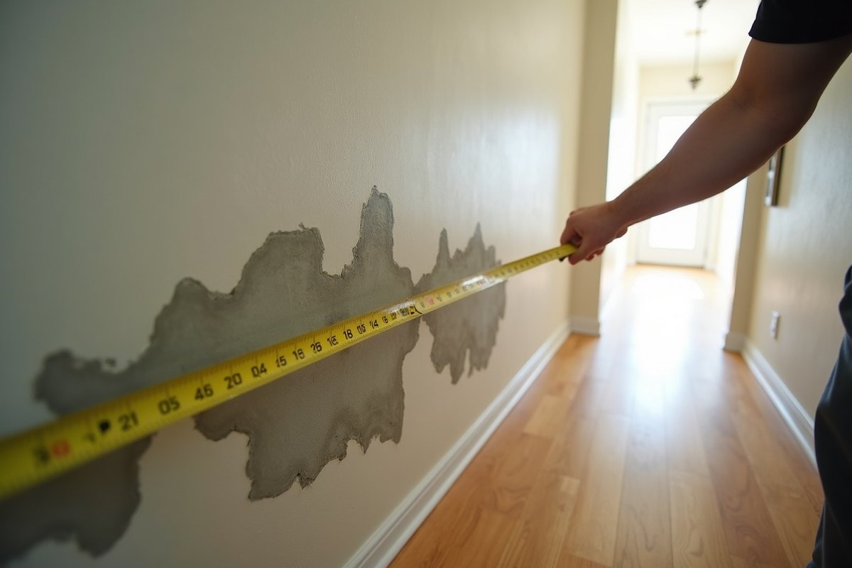 A tape measure held against a wide gray mold stain on the lower hallway wall of a Houston home to gauge its size