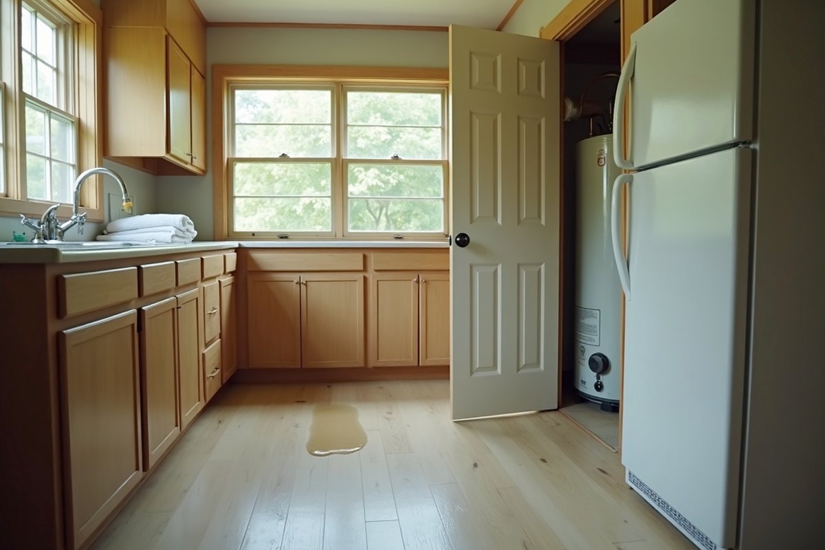 Kitchen and utility closet in a Pasadena home with a puddle of water spreading across the vinyl floor