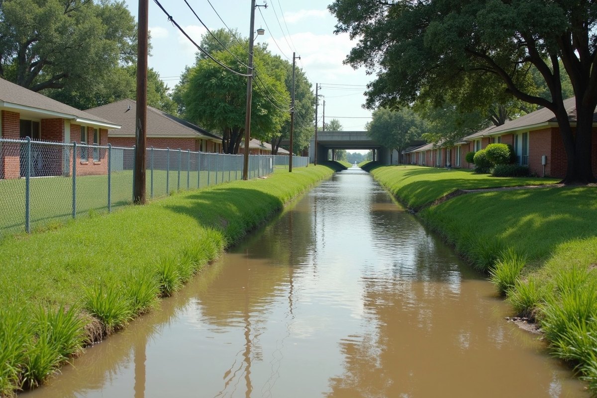 Grass lined drainage channel in Pasadena, Texas running high with brown water after a storm, with homes and trees along the bank