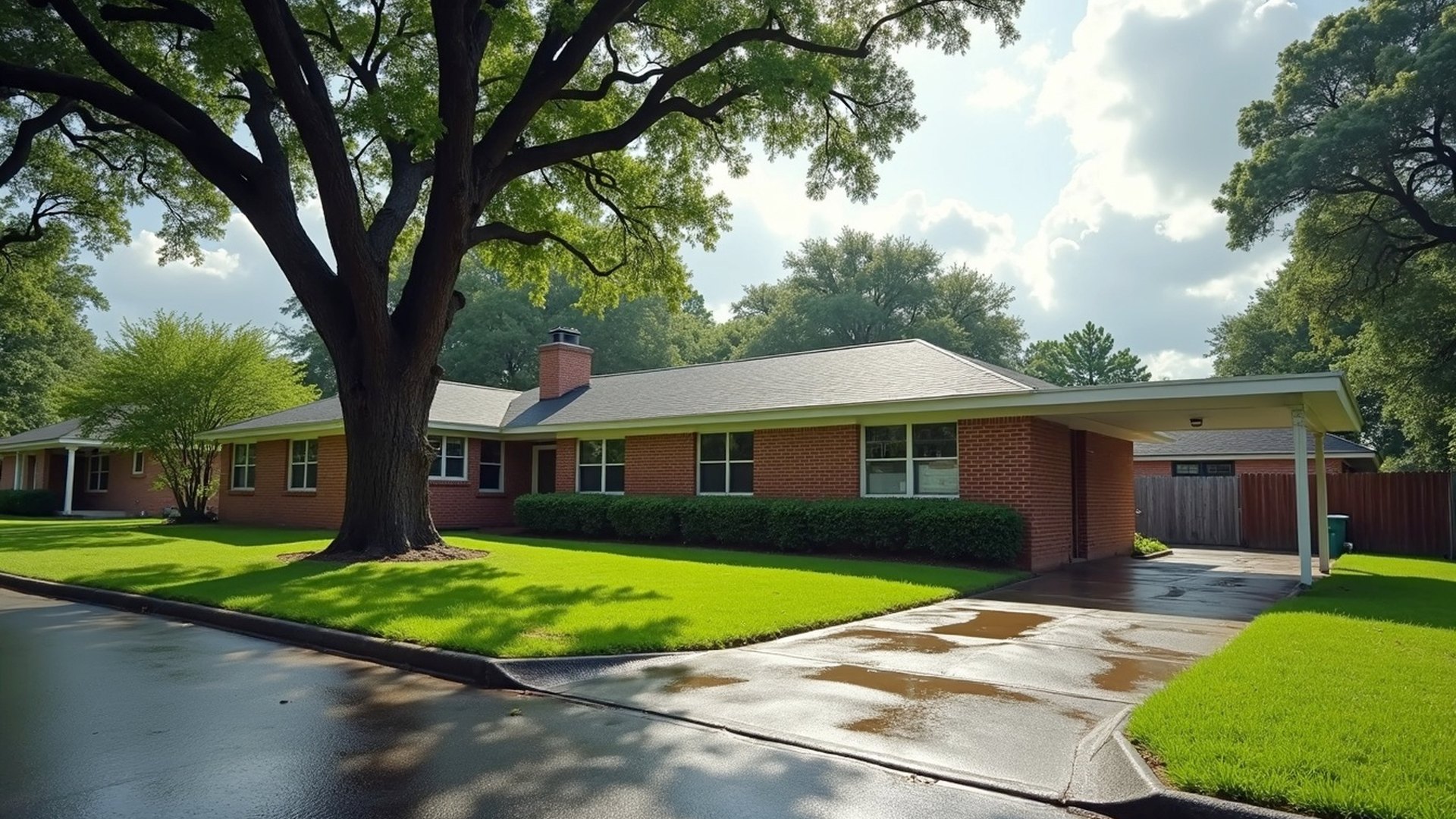 Single-story brick ranch home in Pasadena, Texas after a heavy rain, with a flooded street gutter and a wet front lawn
