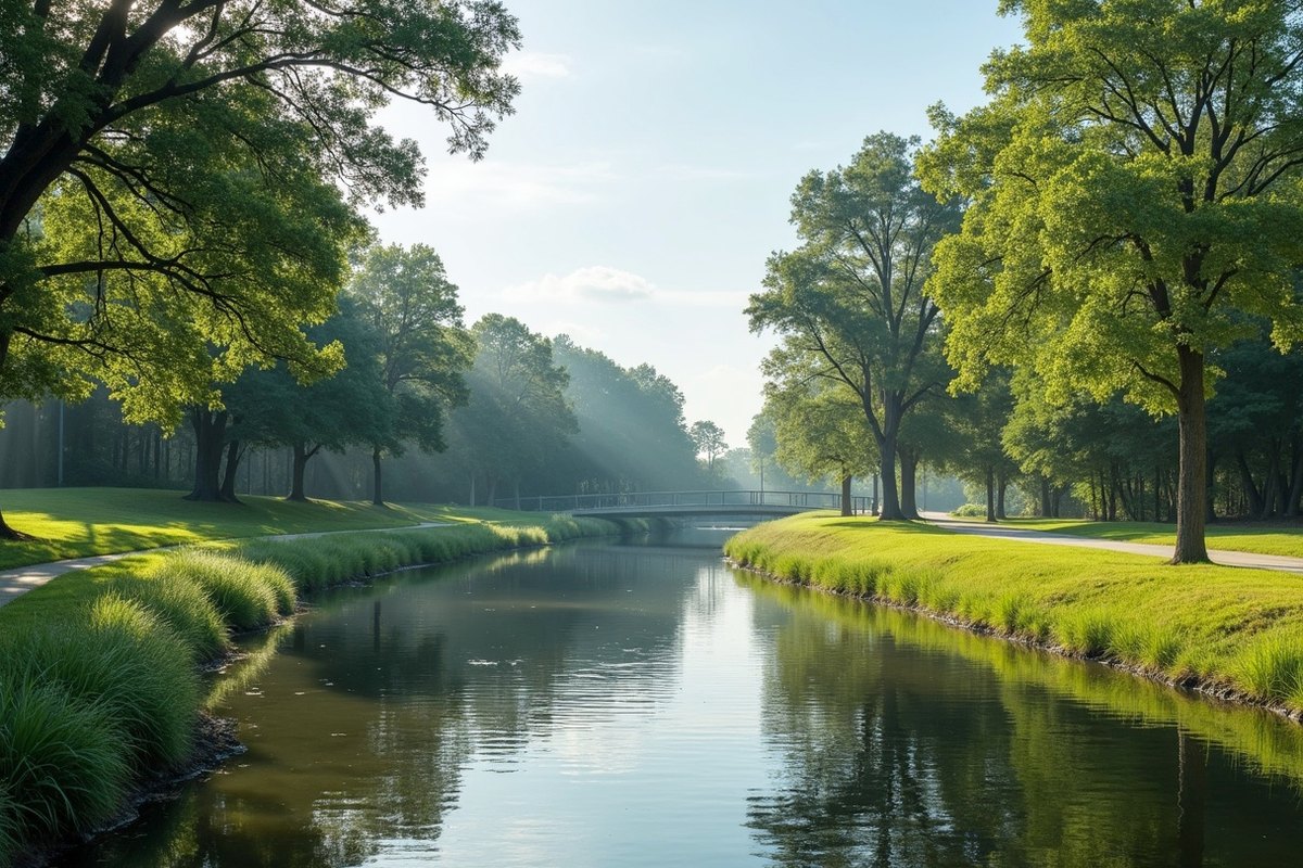 Clear Creek running through a wide grassy channel in Pearland with trees and a road bridge