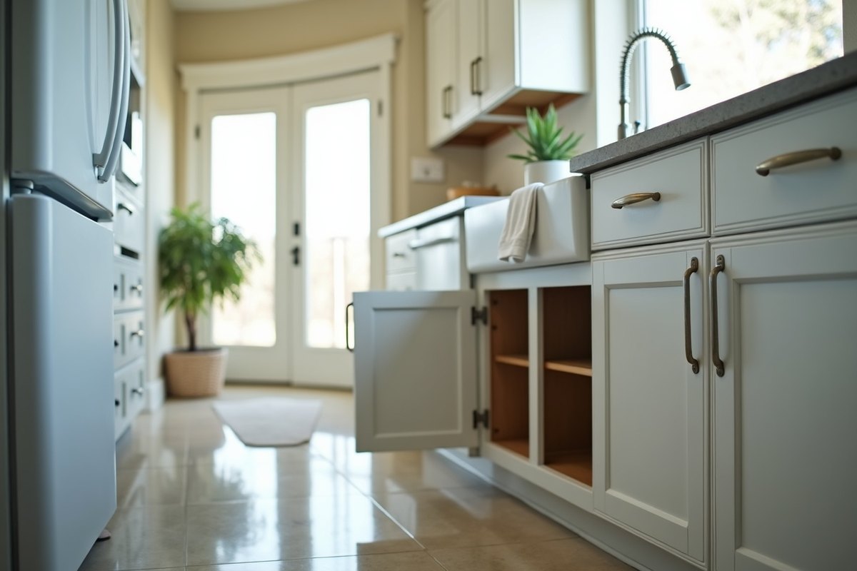 Kitchen in a Pearland home with swollen lower cabinet panels and a wet tile floor near the sink