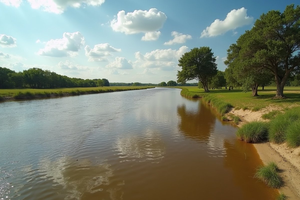 Wide brown Brazos River running high around a bend with tall trees on the banks near Richmond, Texas