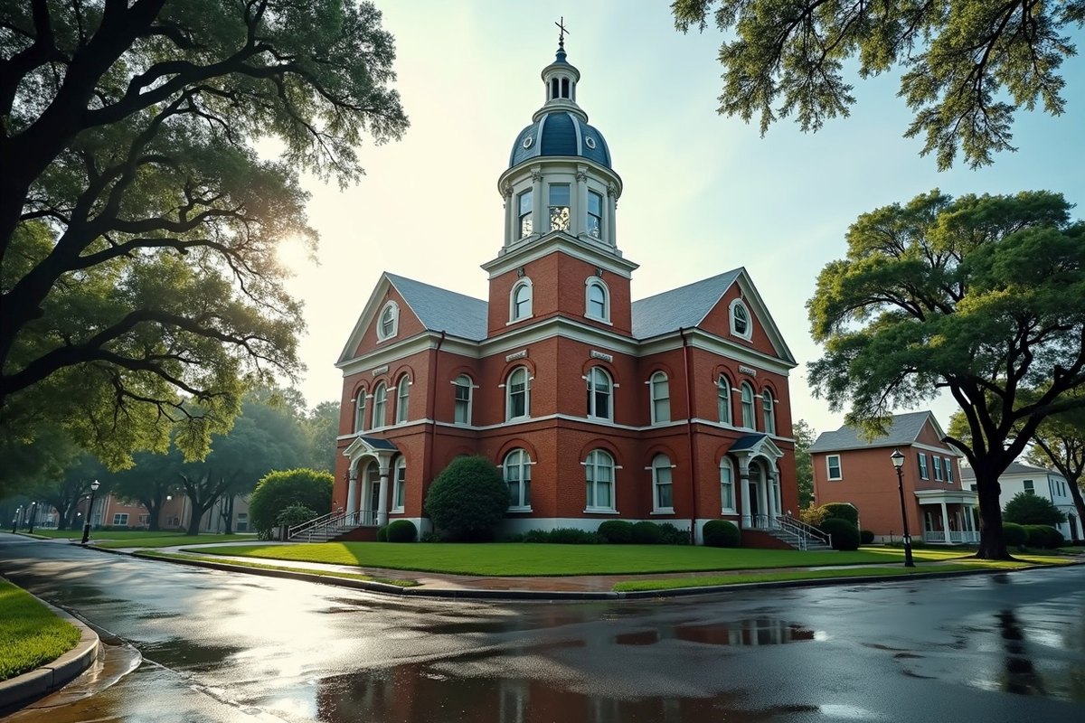 Historic domed county courthouse in Richmond, Texas, with wet streets and sidewalks after a rain shower