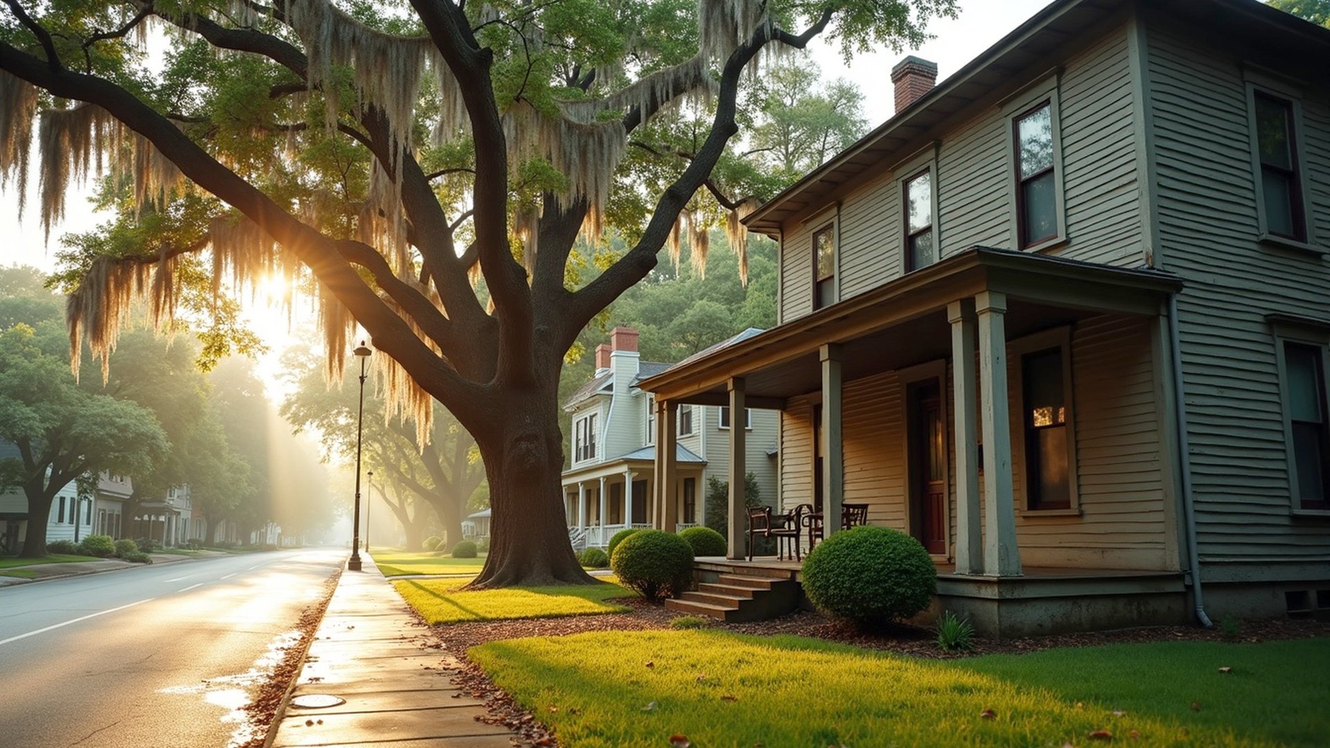 Older two-story home with a front porch on a shaded street in historic Richmond, Texas, with puddles on the sidewalk after rain