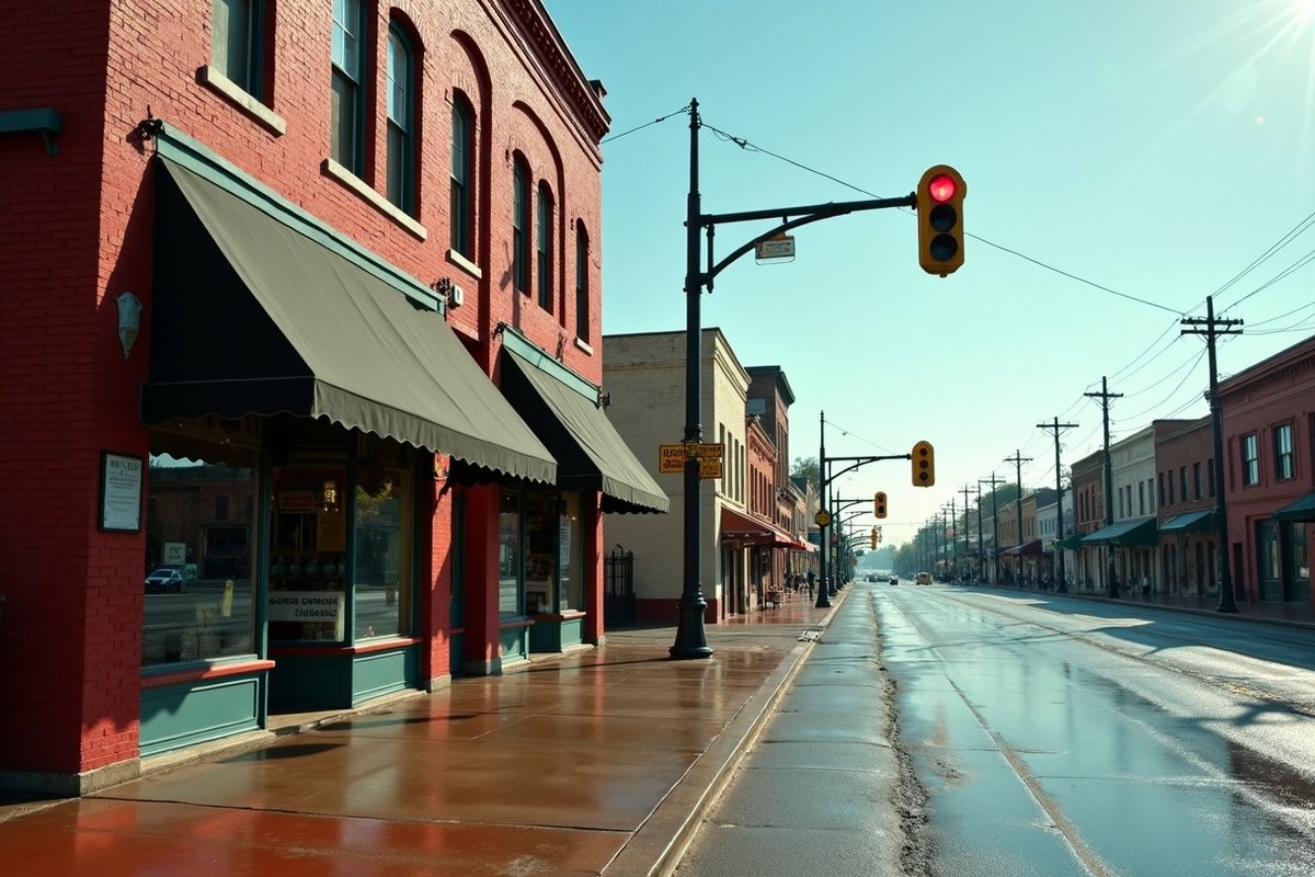 Historic brick storefronts along a downtown Rosenberg street with rain still drying on the pavement