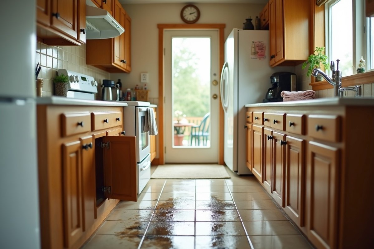 Open kitchen sink cabinet in a Rosenberg home with a wet cabinet floor and a dark water stain spreading onto the tile