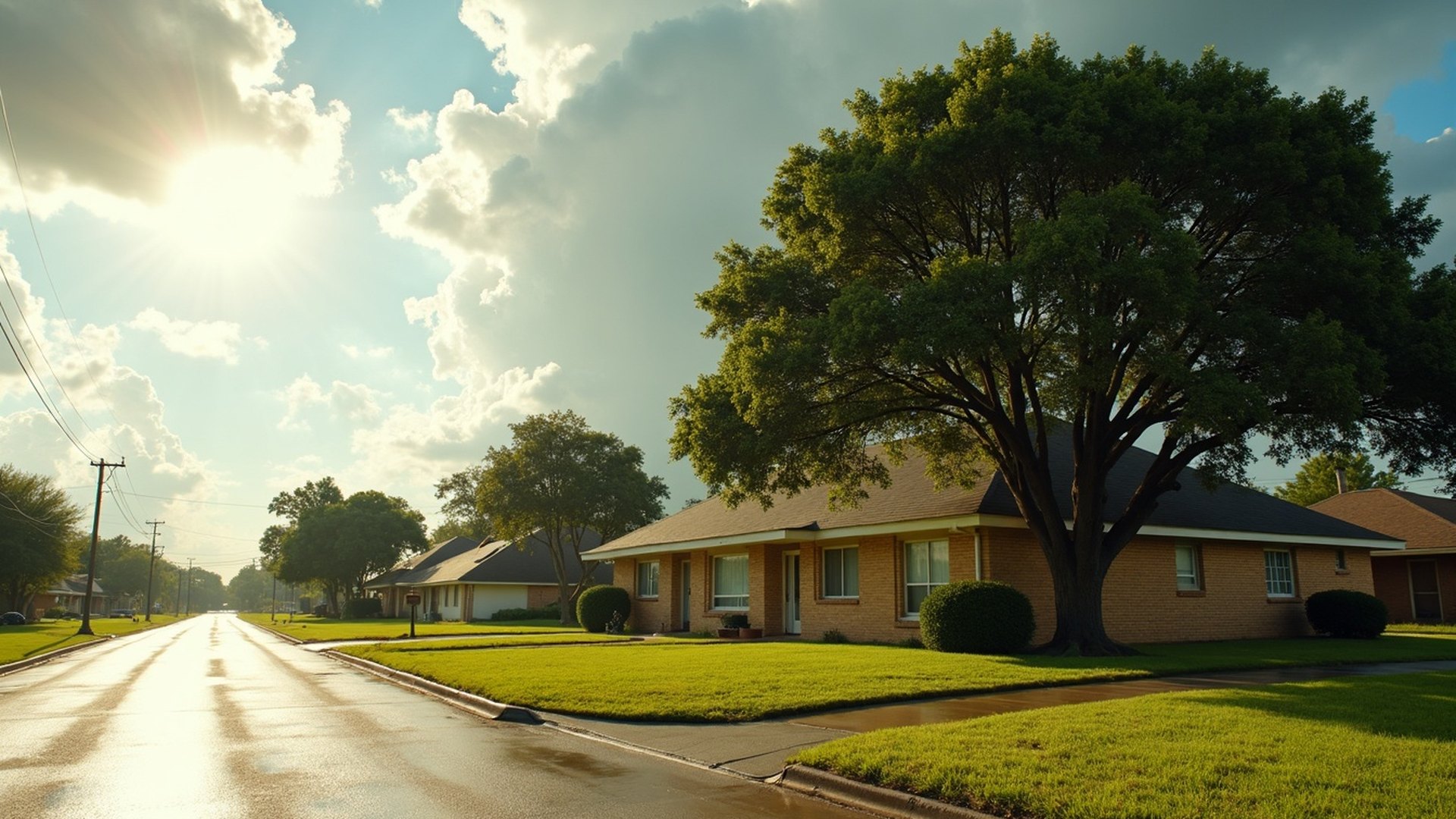 Single-story brick home on a quiet Rosenberg street after a summer storm, with wet pavement and a pecan tree in the yard