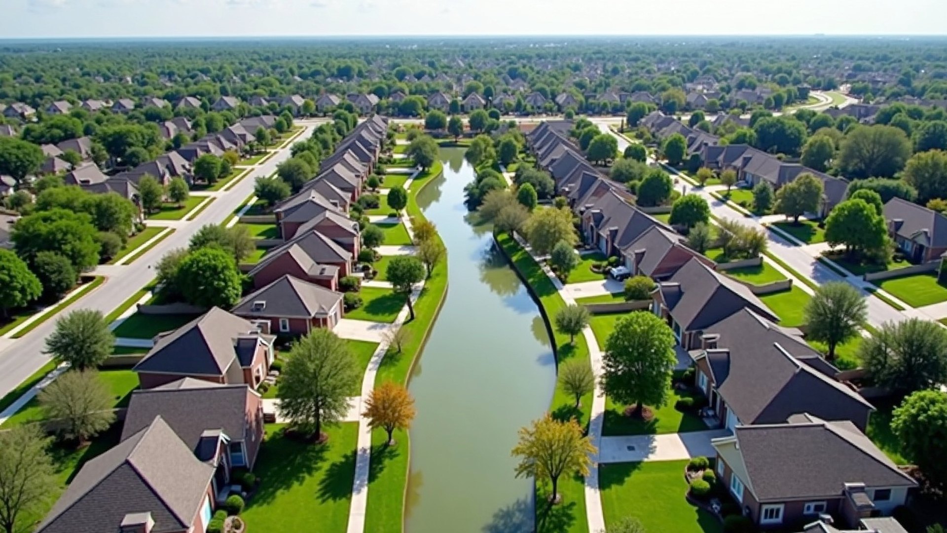 Aerial view of a greater Houston suburb with curving streets, rooftops, a drainage channel and green trees