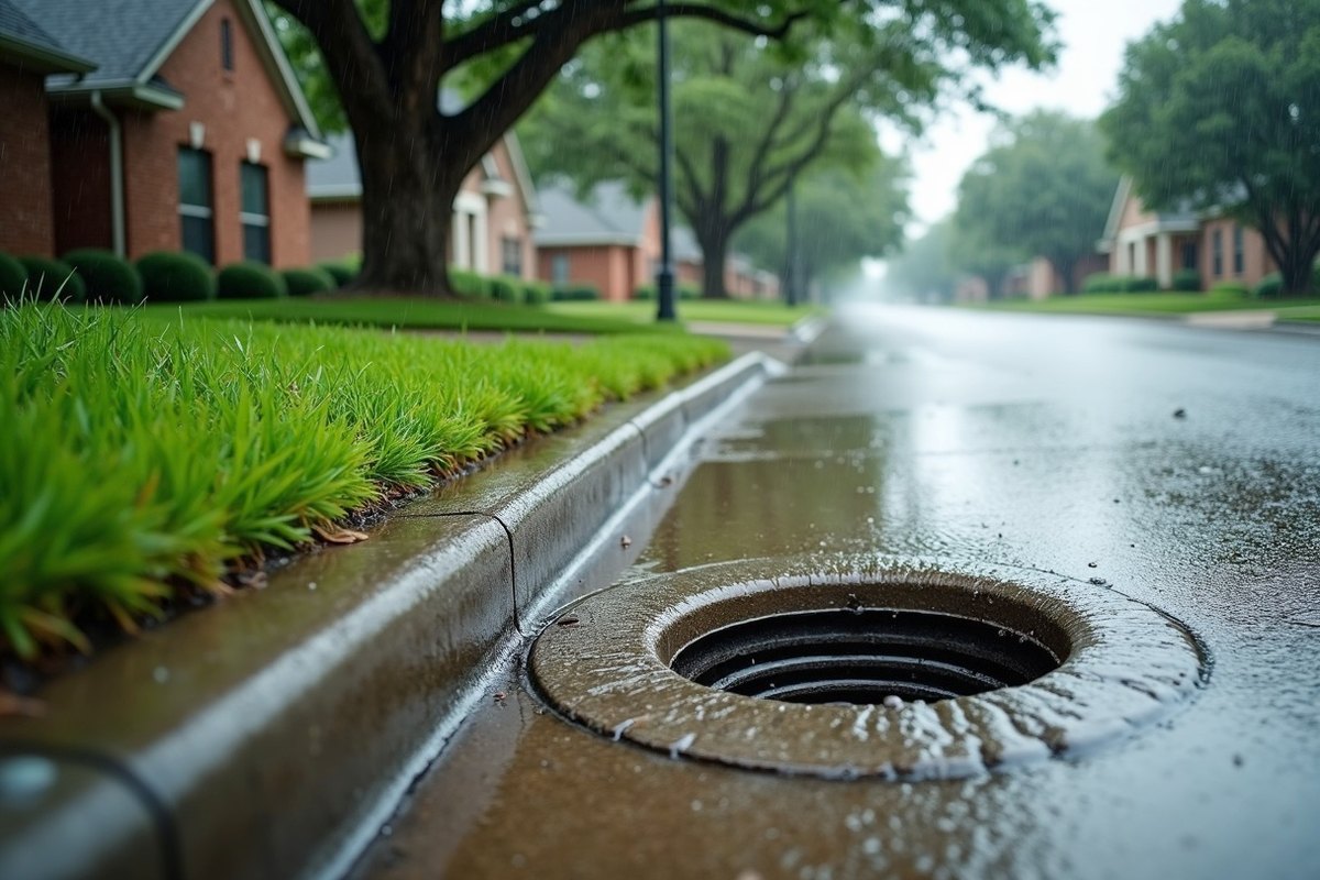 Rainwater filling the gutter along a residential street in greater Houston with homes and trees behind