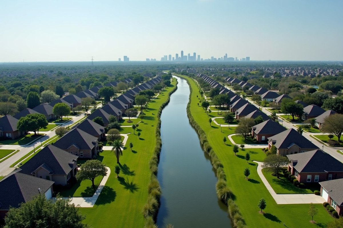 Aerial view of greater Houston neighborhoods along a grass-lined bayou, with the downtown skyline on the horizon