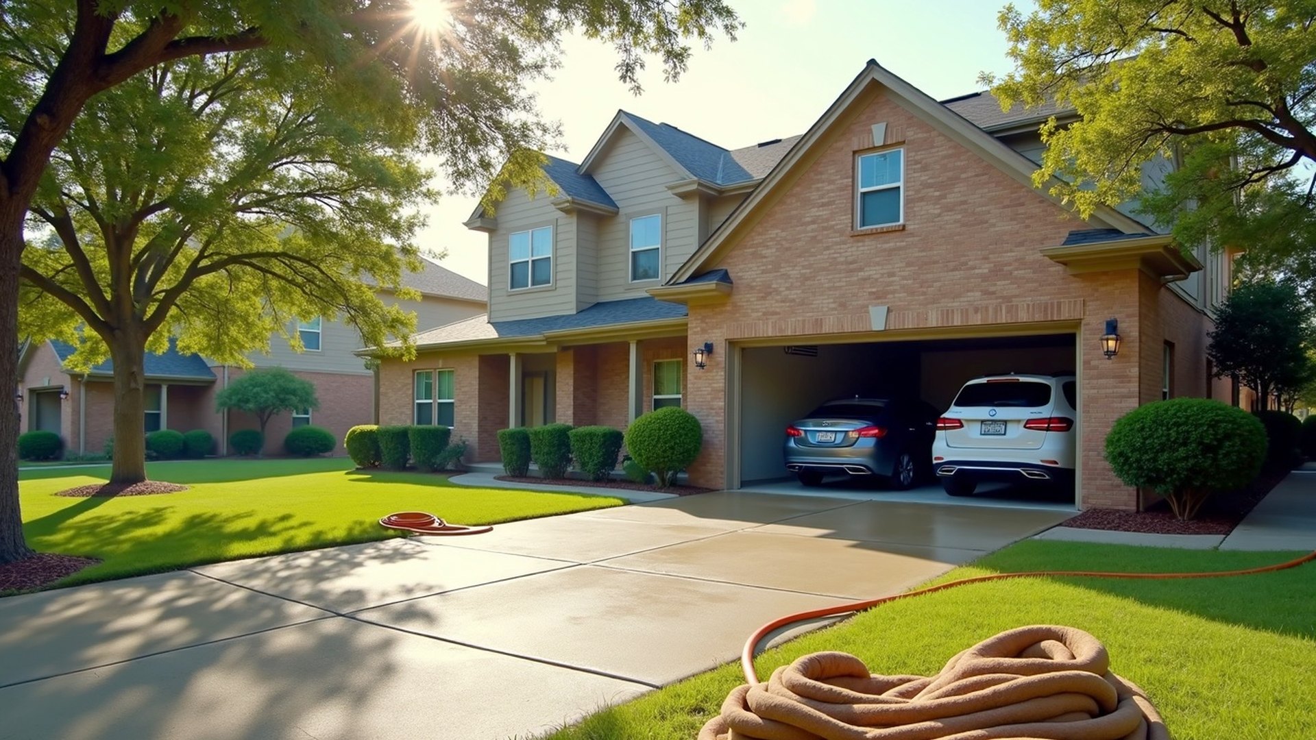 Open garage of a two-story Houston home with gray hoses and cords running inside and wet concrete on the driveway