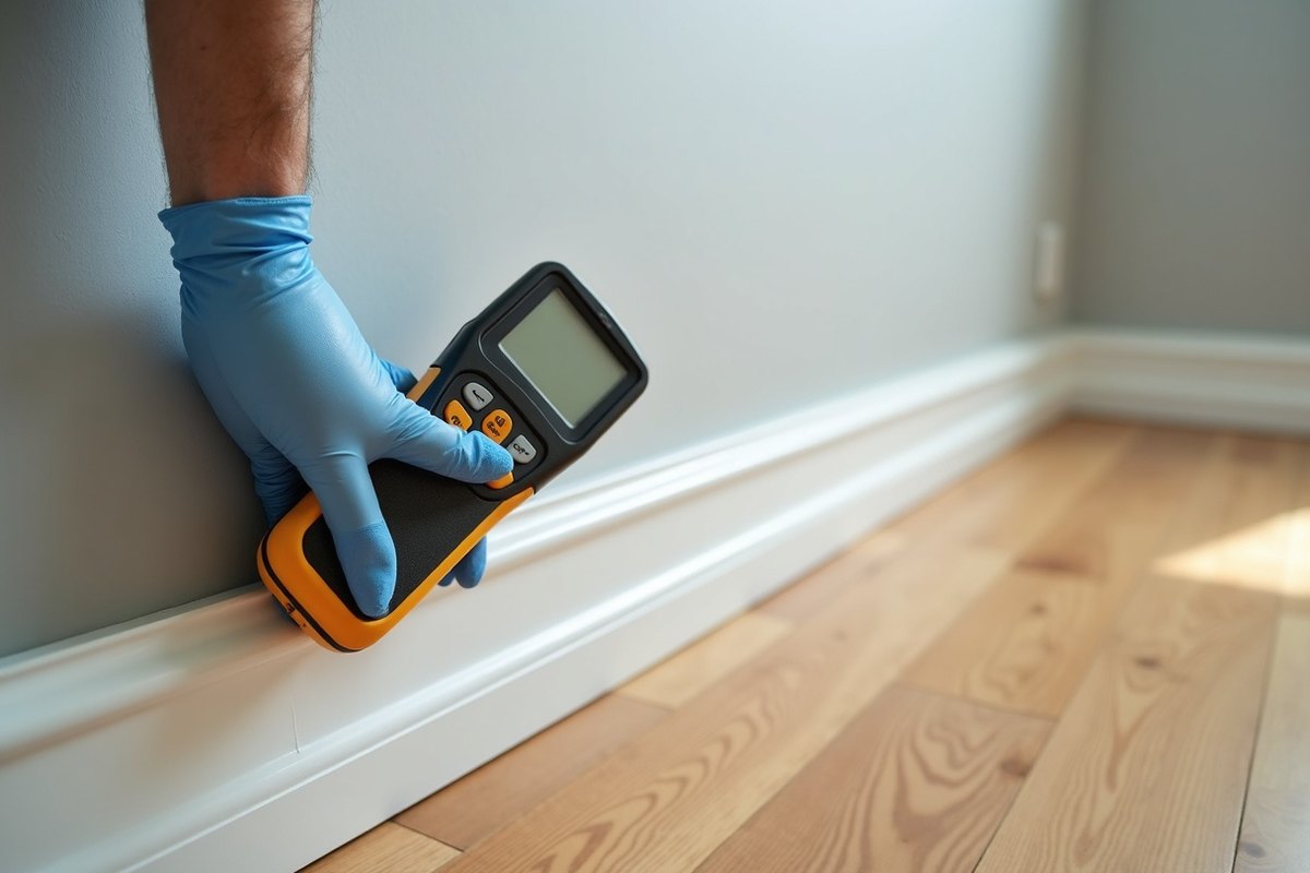 Hand holding a moisture meter against the lower part of a painted drywall wall above a baseboard