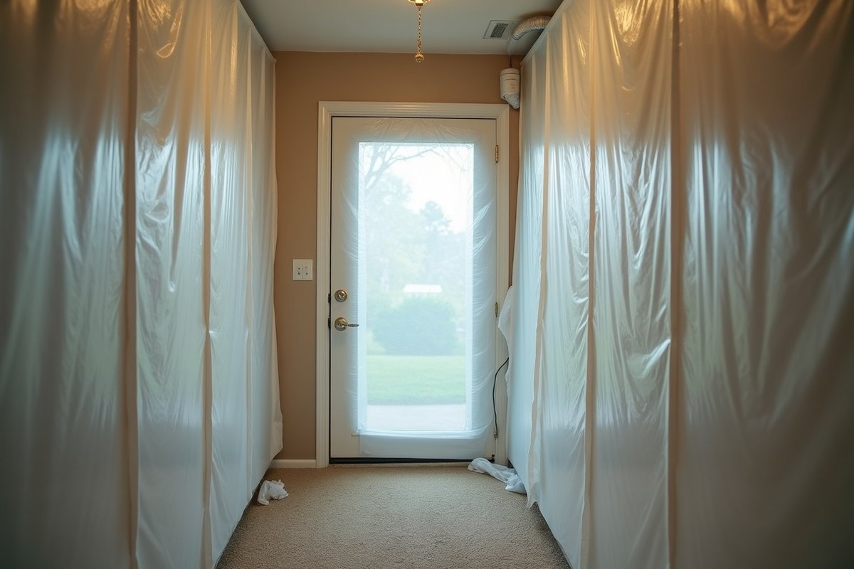Hallway in a Houston home sealed off with clear plastic sheeting and a zipper door during mold work