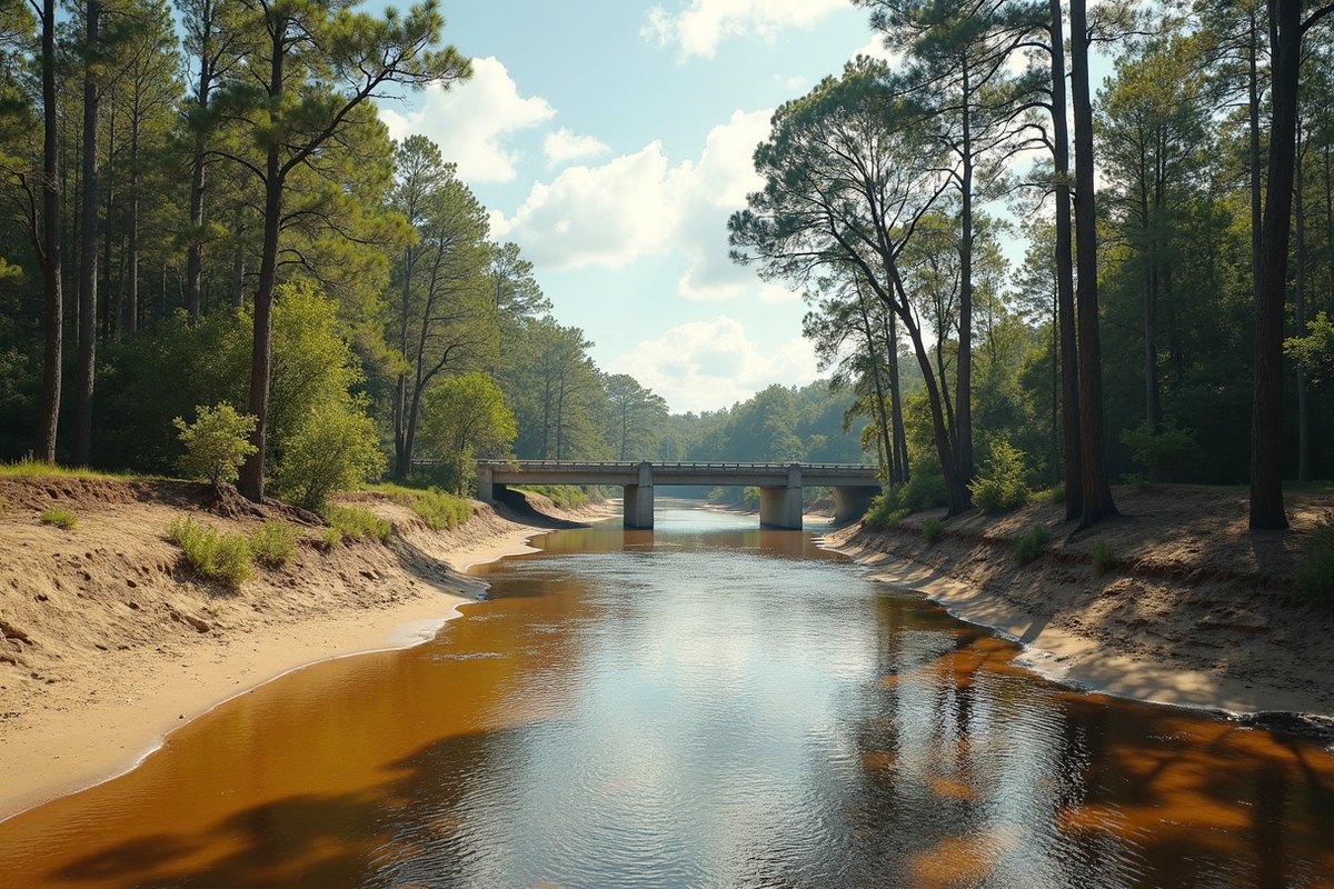 Spring Creek running high and muddy between wooded banks in north Harris County after heavy rain
