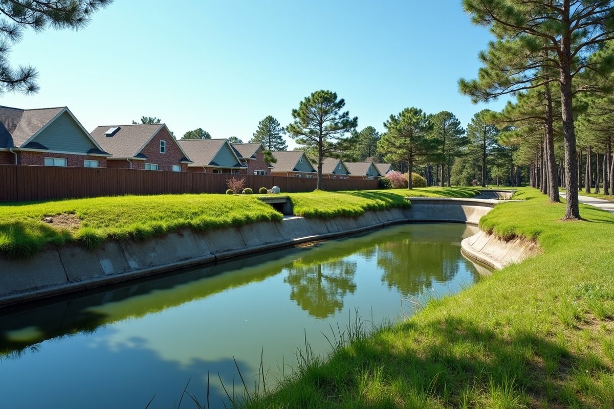 A grassy stormwater detention basin holding rainwater beside a row of suburban homes in north Harris County