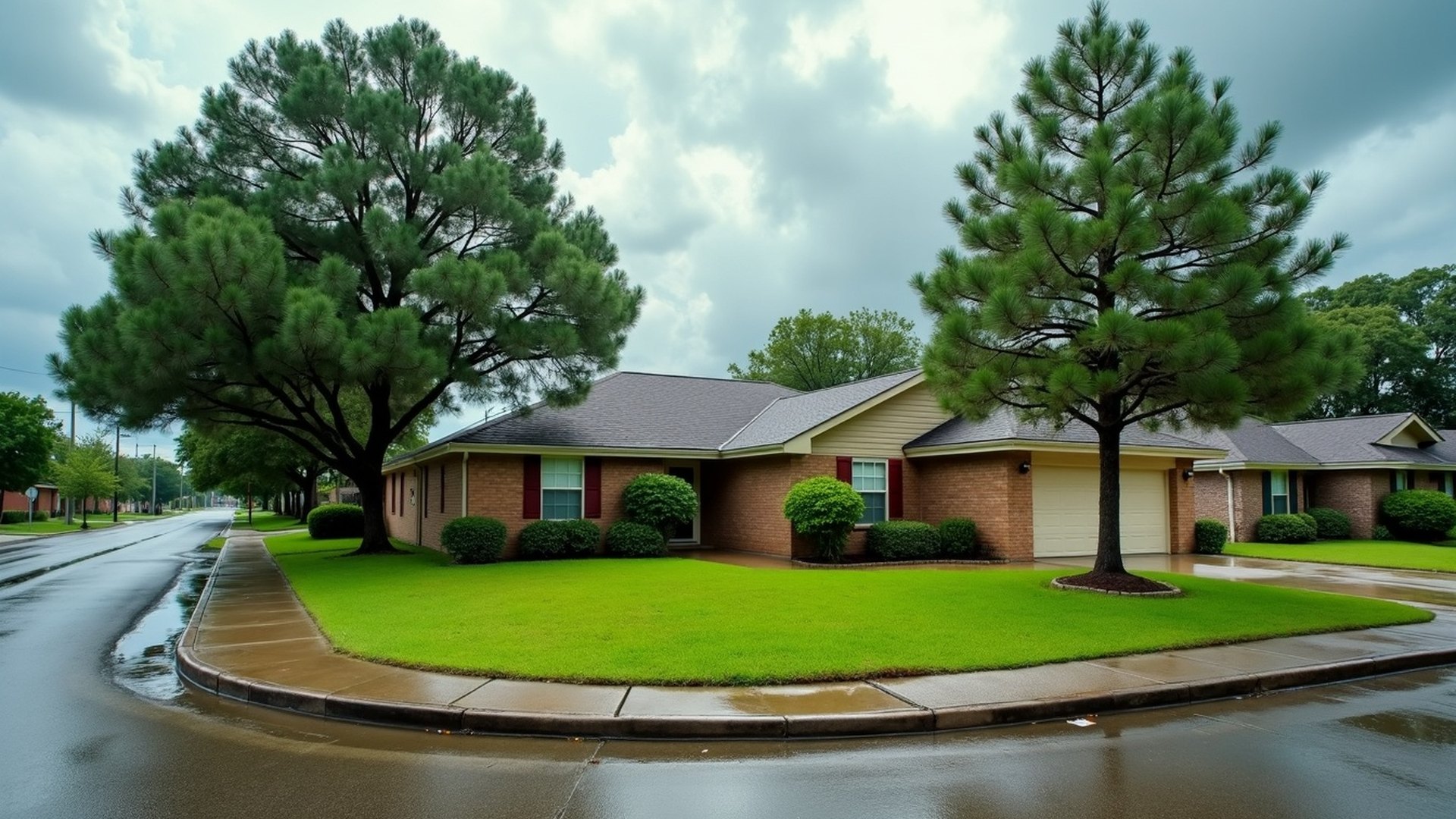 Single-story brick and siding home in a north Harris County subdivision with a soaked lawn and water pooled at the curb after a storm