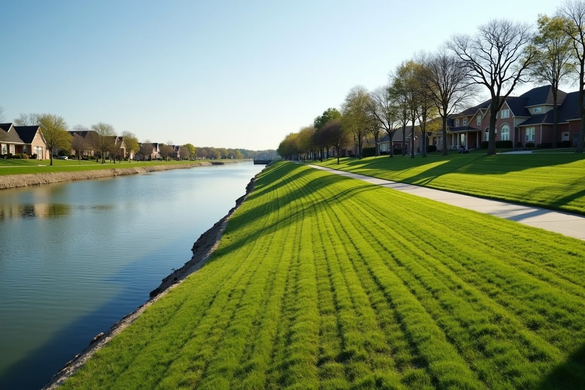 Long grassy levee slope along the Brazos River in Sugar Land with a walking path on top and homes beyond