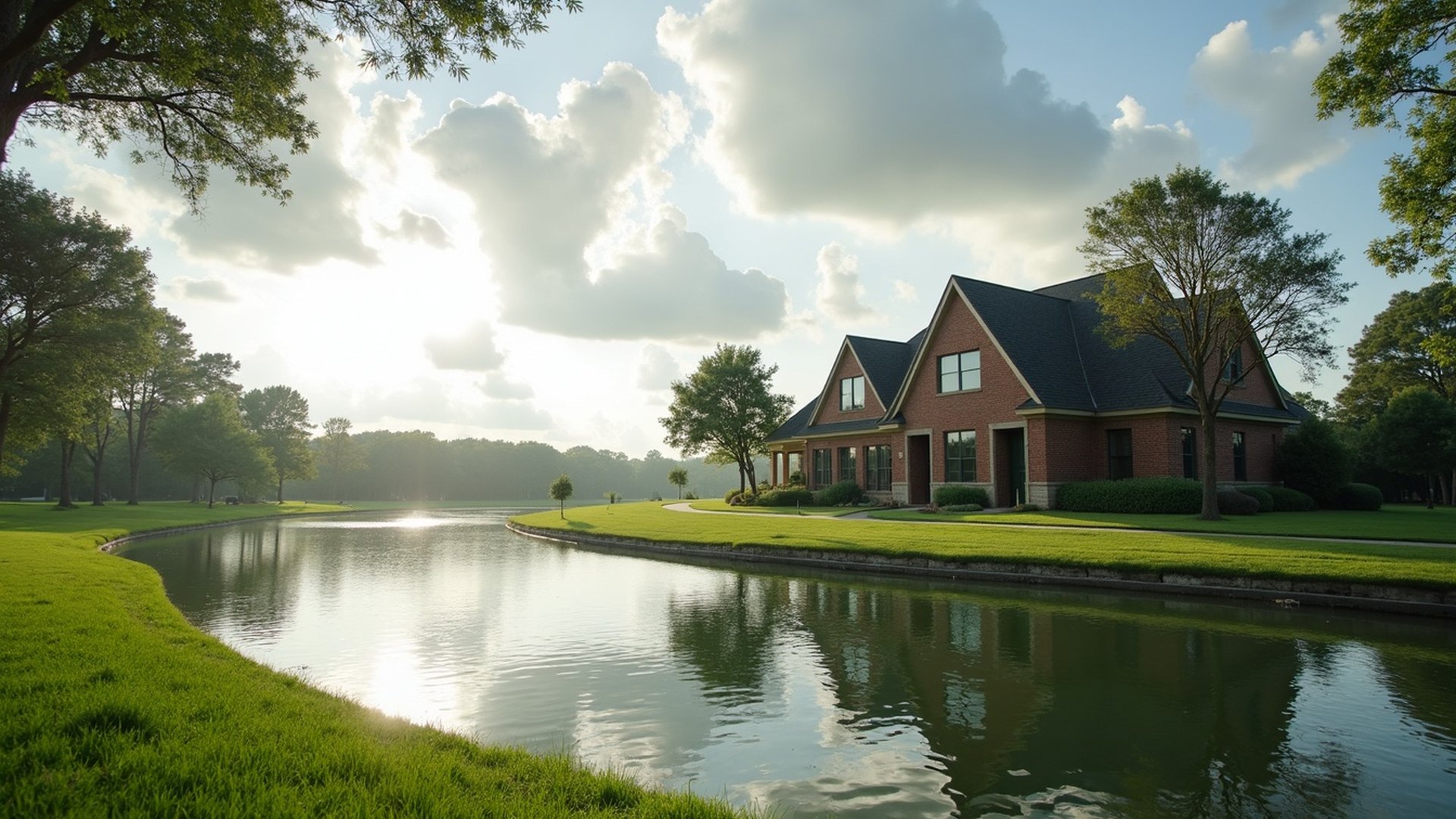 Two-story brick home beside a calm lake in a Sugar Land neighborhood after rain, with wet grass and a walking path along the water