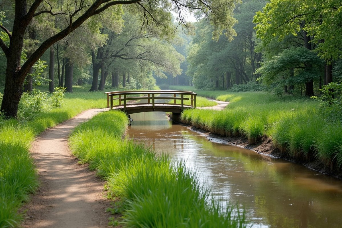 A wooded drainage channel with a walking path and a small footbridge beside it in The Woodlands