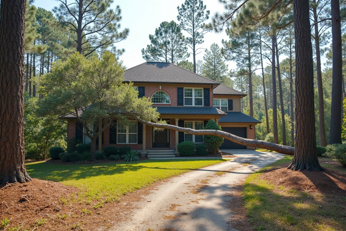 A large pine limb resting on the shingle roof of a two-story home in The Woodlands after a storm